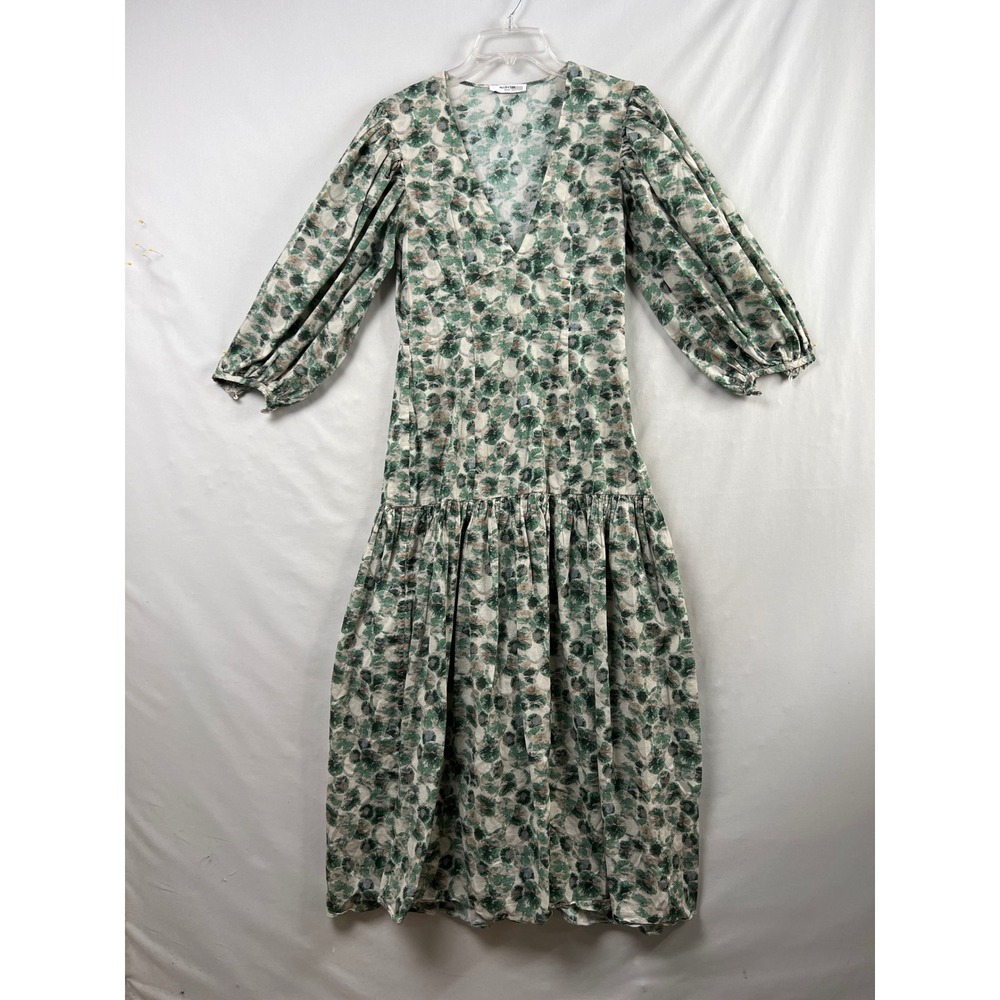 Marysia Resort Imperialis Dress Womens Medium Green Floral Cotton Puff Slv Midi